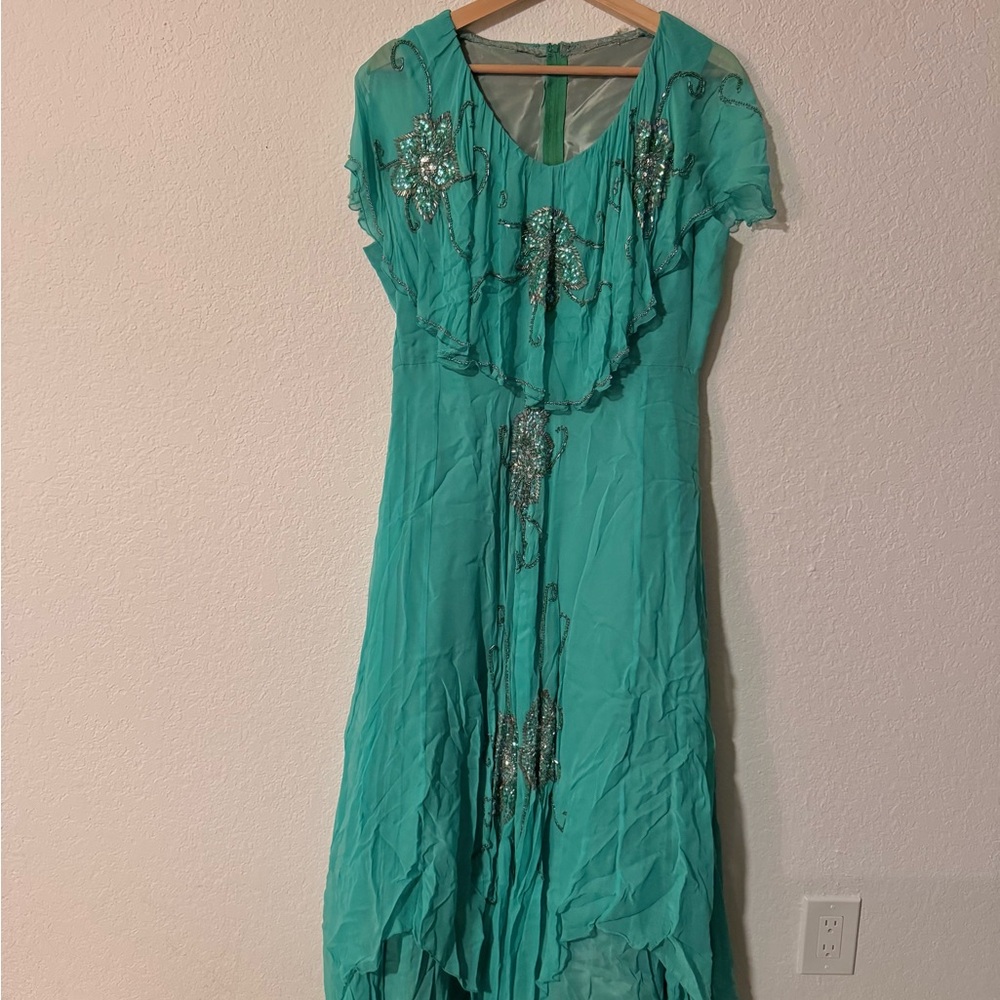 Vintage 70s Chiffon Teal Dress with Sequin Details